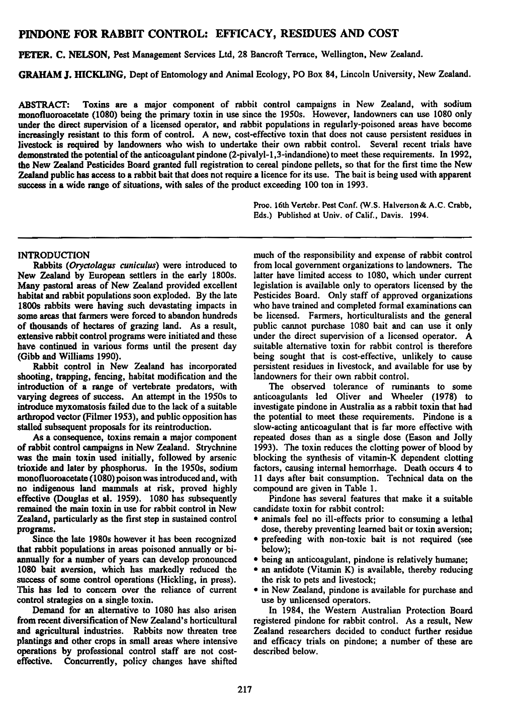 Pindone for Rabbit Control: Ewicacy, Residues and Cost