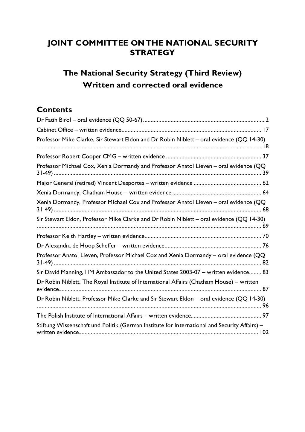 National Security Strategy (Third Review) Written and Corrected Oral Evidence