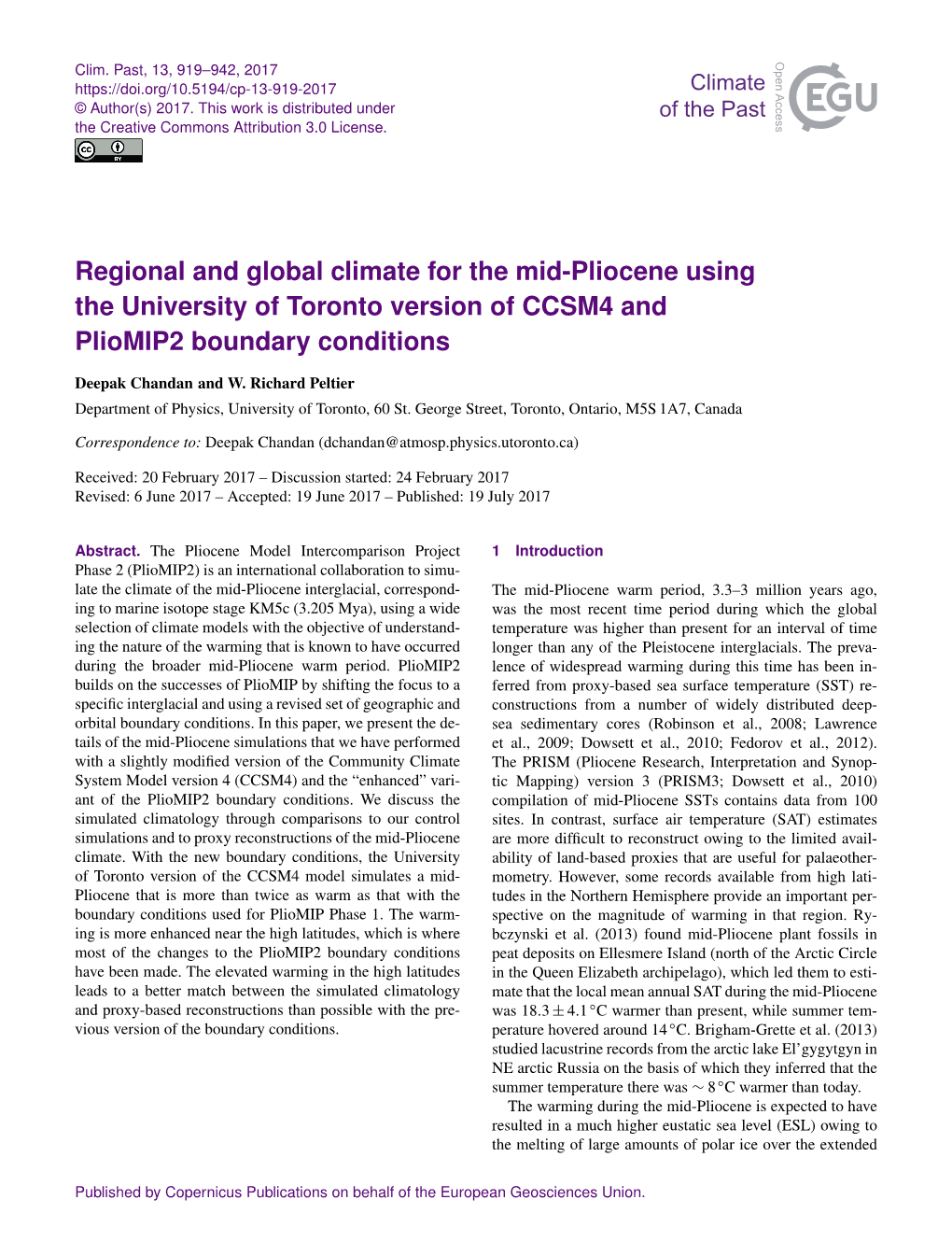 Regional and Global Climate for the Mid-Pliocene Using the University of Toronto Version of CCSM4 and Pliomip2 Boundary Conditions