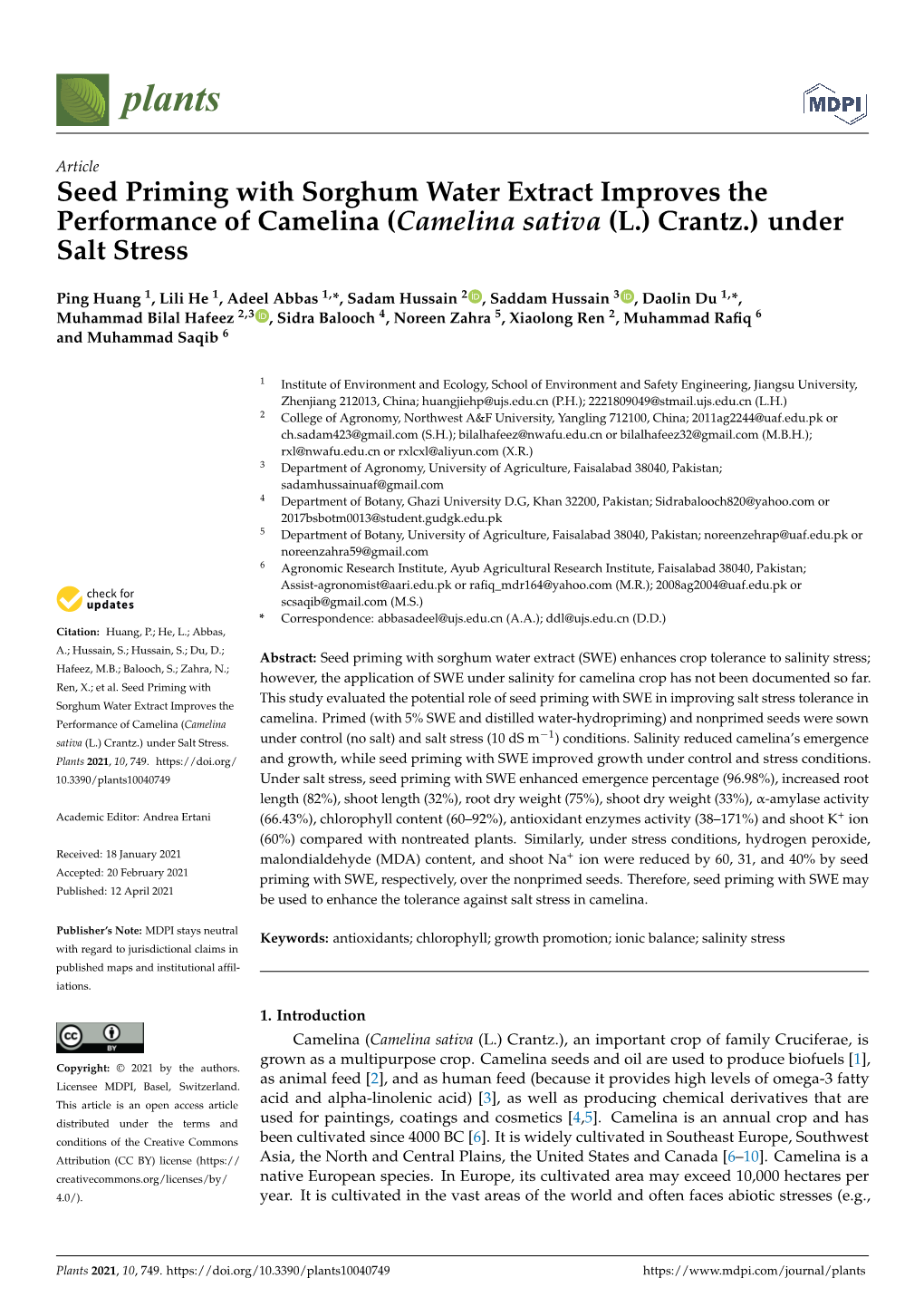 Seed Priming with Sorghum Water Extract Improves the Performance of Camelina (Camelina Sativa (L.) Crantz.) Under Salt Stress