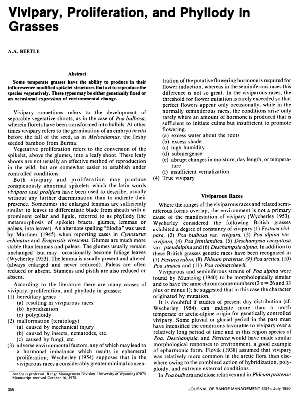 Vivipary, Proliferation, and Phyllody in Grasses