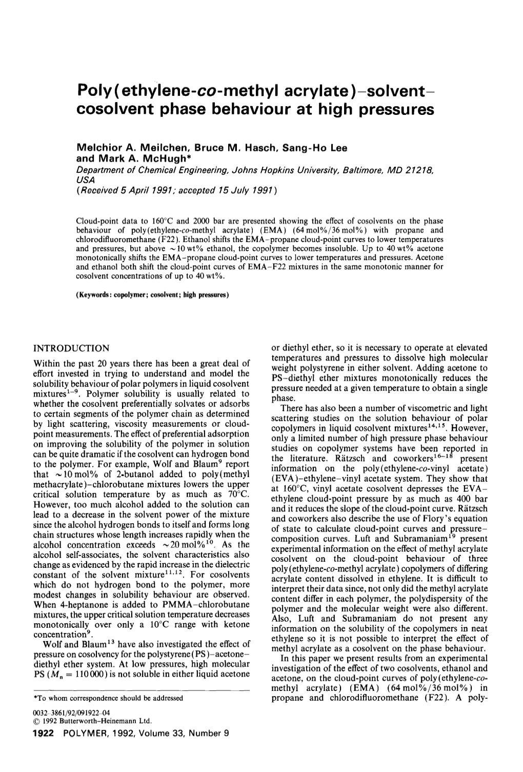 Poly( Ethylene-Co-Methyl Acrylate)-Solvent- Cosolvent Phase Behaviour at High Pressures