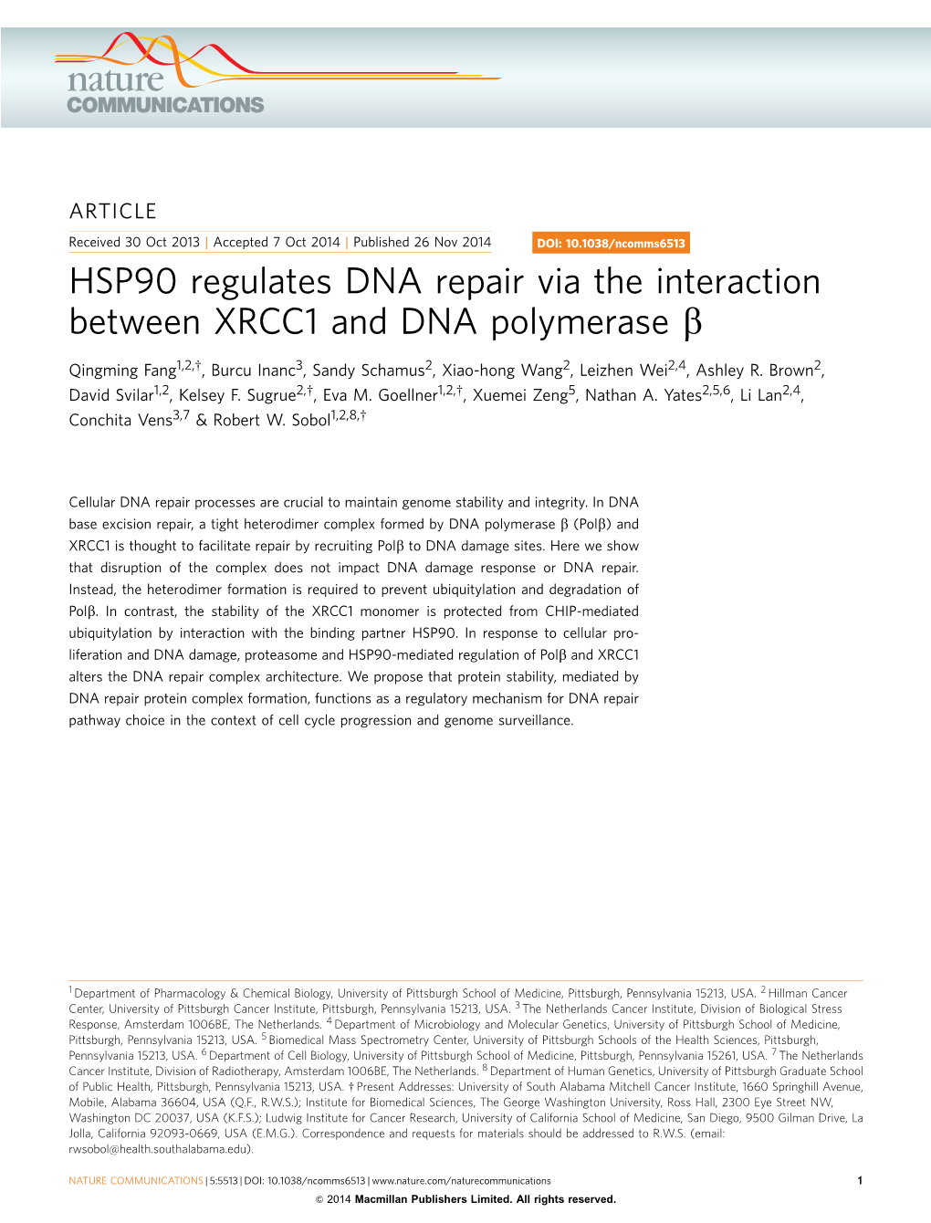 HSP90 Regulates DNA Repair Via the Interaction Between XRCC1 and DNA Polymerase &Beta