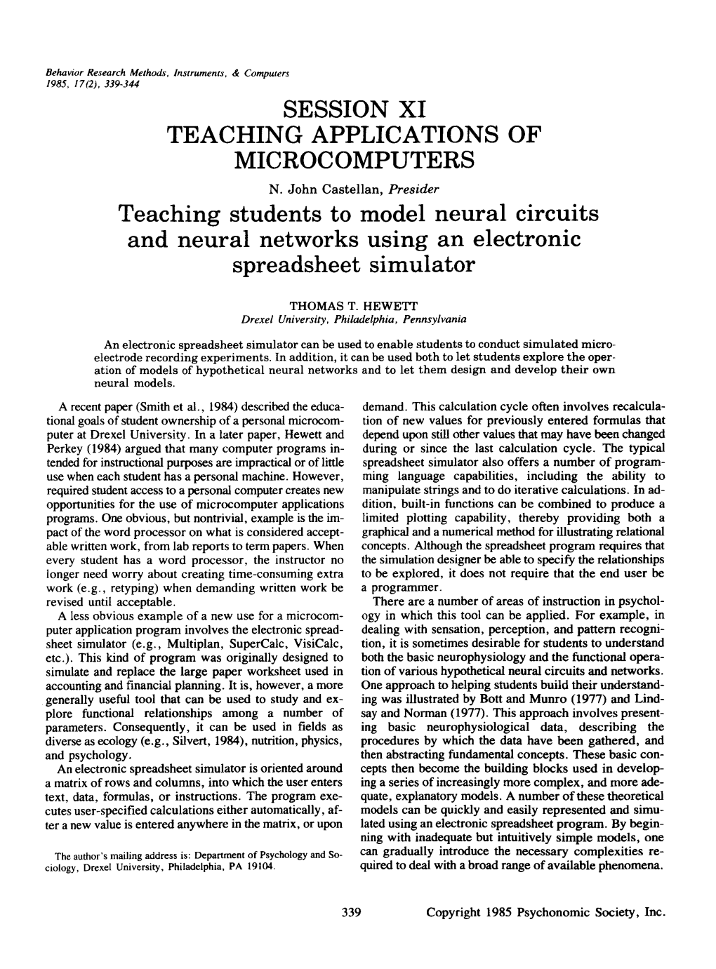 Teaching Students to Model Neural Circuits and Neural Networks Using an Electronic Spreadsheet Simulator