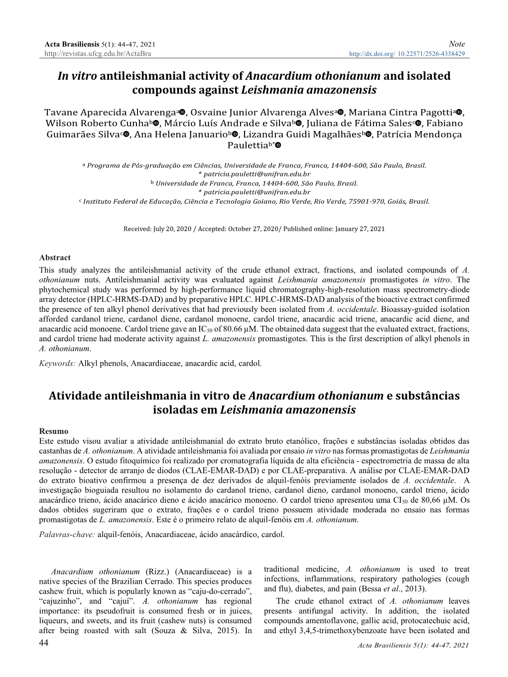 In Vitro Antileishmanial Activity of Anacardium Othonianum and Isolated Compounds Against Leishmania Amazonensis