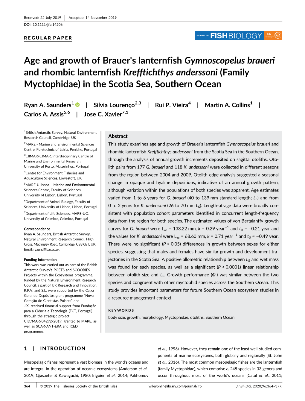 Age and Growth of Brauer's Lanternfish Gymnoscopelus Braueri and Rhombic Lanternfish Krefftichthys Anderssoni (Family Myctophidae) in the Scotia Sea, Southern Ocean