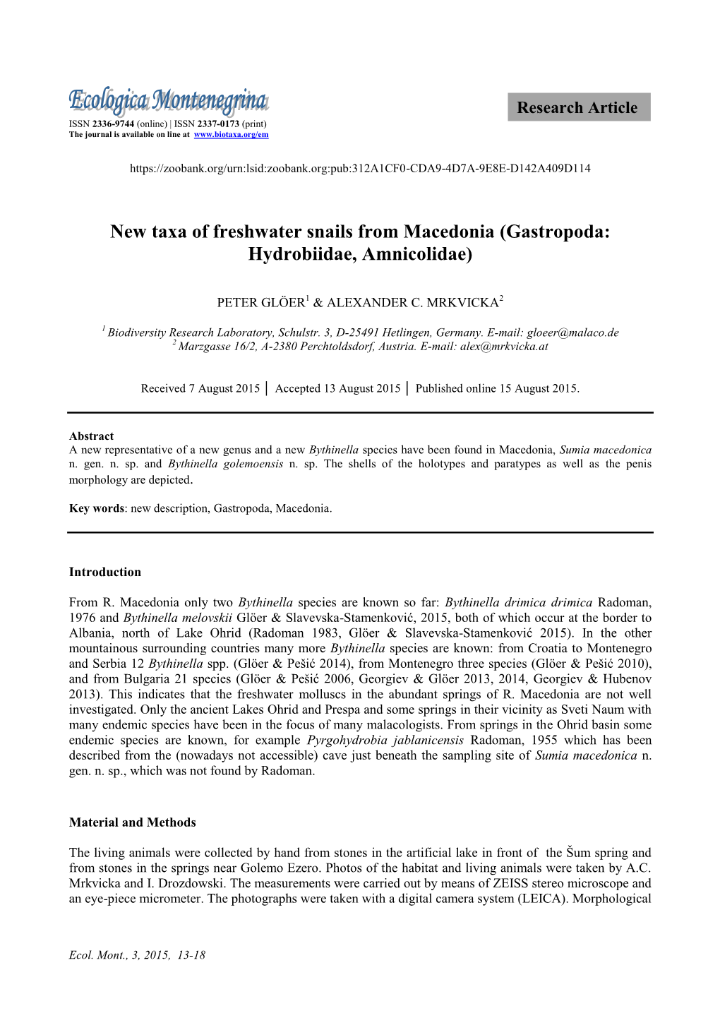 New Taxa of Freshwater Snails from Macedonia (Gastropoda: Hydrobiidae, Amnicolidae)