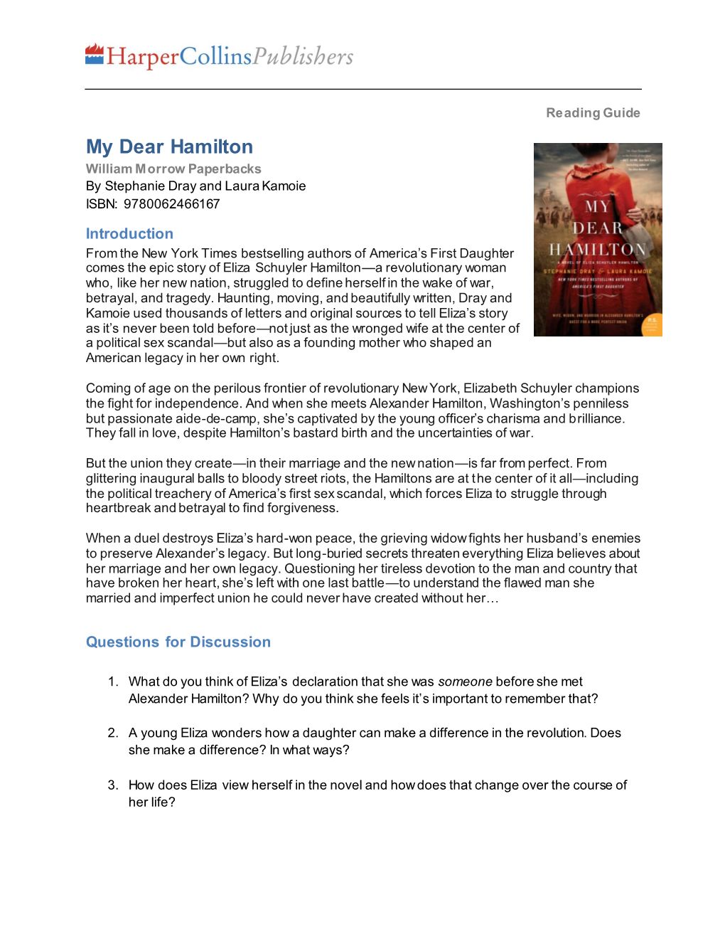 My Dear Hamilton William Morrow Paperbacks by Stephanie Dray and Laura Kamoie ISBN: 9780062466167