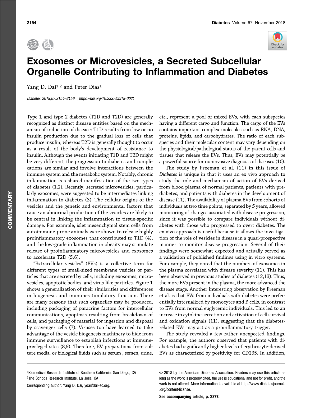 Exosomes Or Microvesicles, a Secreted Subcellular Organelle Contributing to Inﬂammation and Diabetes