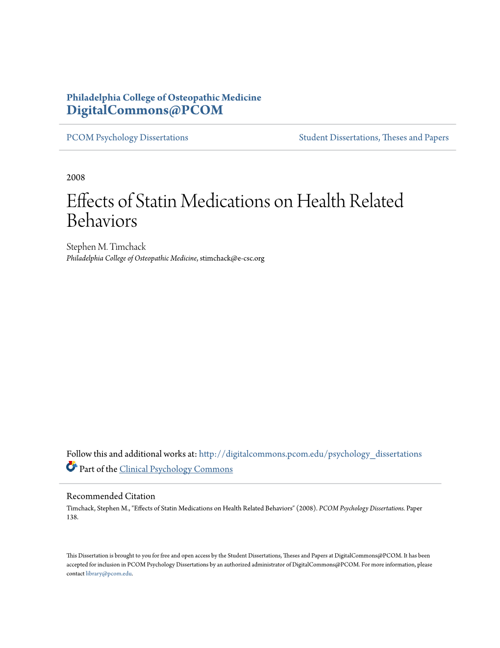 Effects of Statin Medications on Health Related Behaviors Stephen M