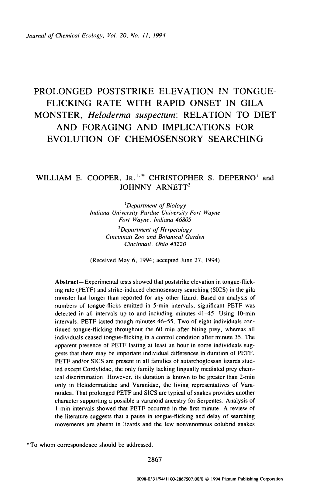 Prolonged Poststrike Elevation in Tongue-Flicking Rate with Rapid Onset in Gila Monster, <Emphasis Type=