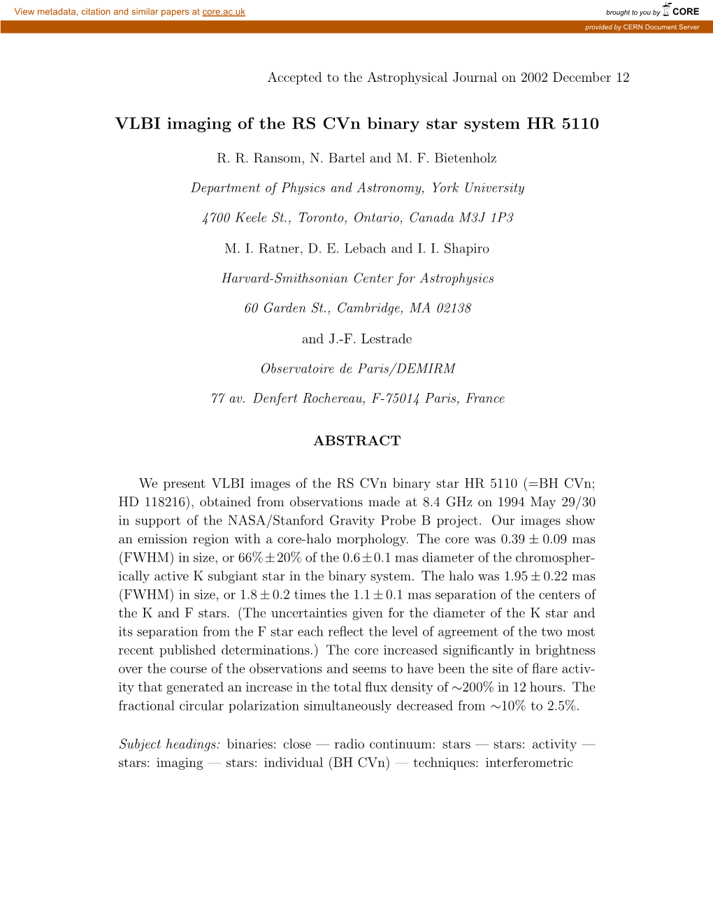 VLBI Imaging of the RS Cvn Binary Star System HR 5110