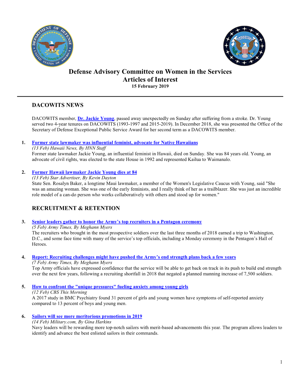 Defense Advisory Committee on Women in the Services Articles of Interest 15 February 2019