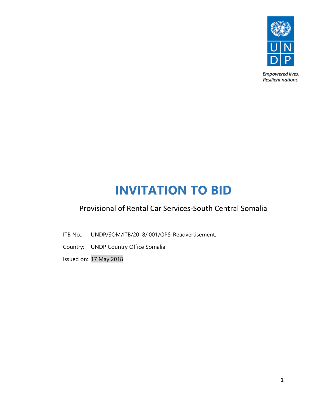 ITB No.: UNDP/SOM/ITB/2018/ 001/OPS-Readvertisement