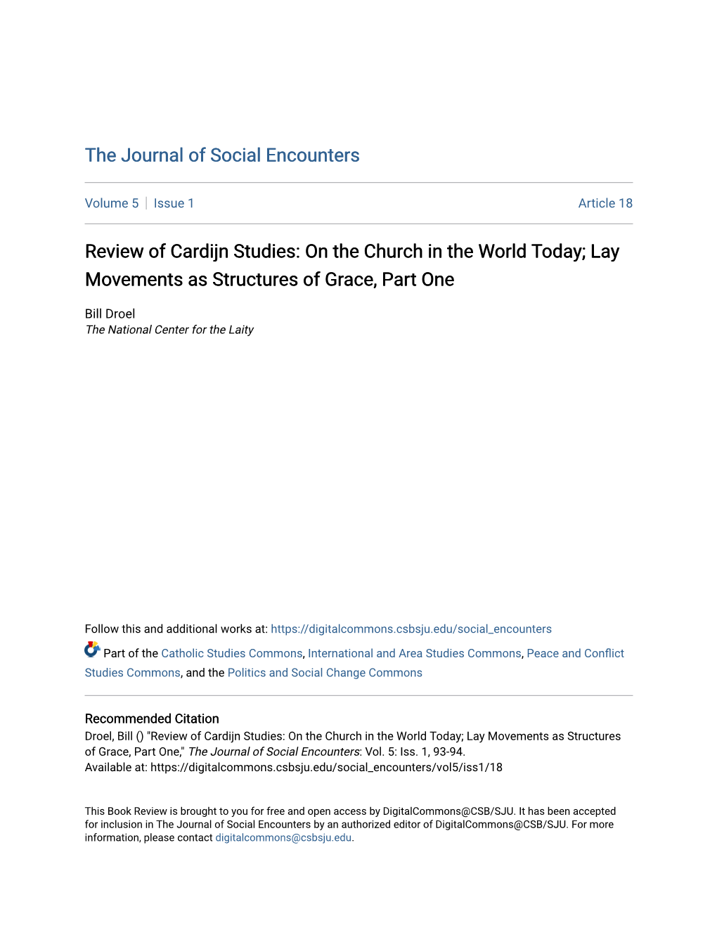 Review of Cardijn Studies: on the Church in the World Today; Lay Movements As Structures of Grace, Part One