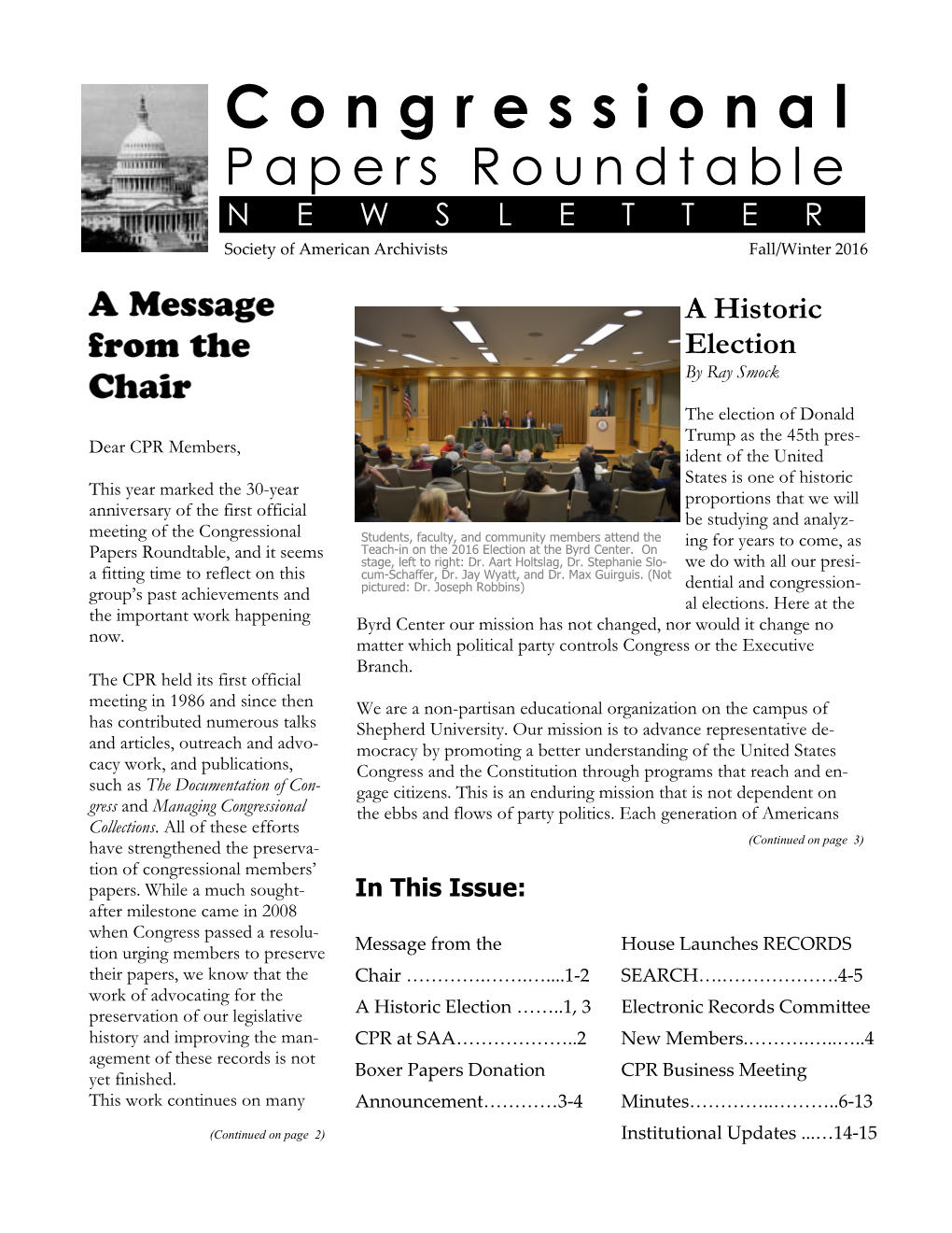 Congressional Papers Roundtable NEWSLETTER Society of American Archivists Fall/Winter 2016