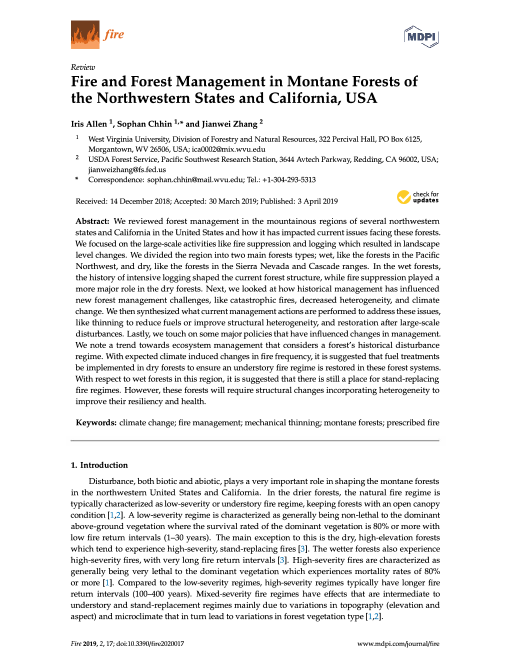 Fire and Forest Management in Montane Forests of the Northwestern States and California, USA