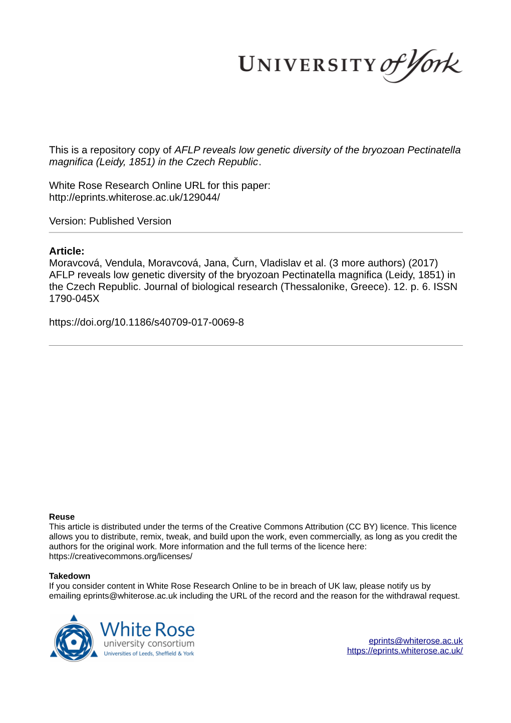 AFLP Reveals Low Genetic Diversity of the Bryozoan Pectinatella Magnifica (Leidy, 1851) in the Czech Republic