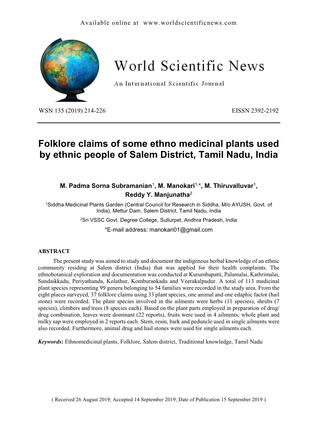 Folklore Claims of Some Ethno Medicinal Plants Used by Ethnic People of Salem District, Tamil Nadu, India