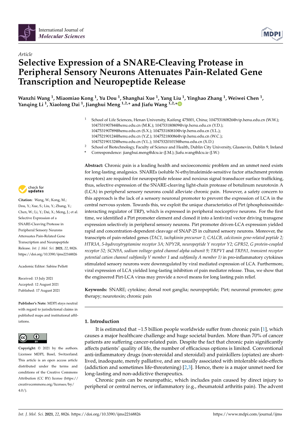 Selective Expression of a SNARE-Cleaving Protease in Peripheral Sensory Neurons Attenuates Pain-Related Gene Transcription and Neuropeptide Release