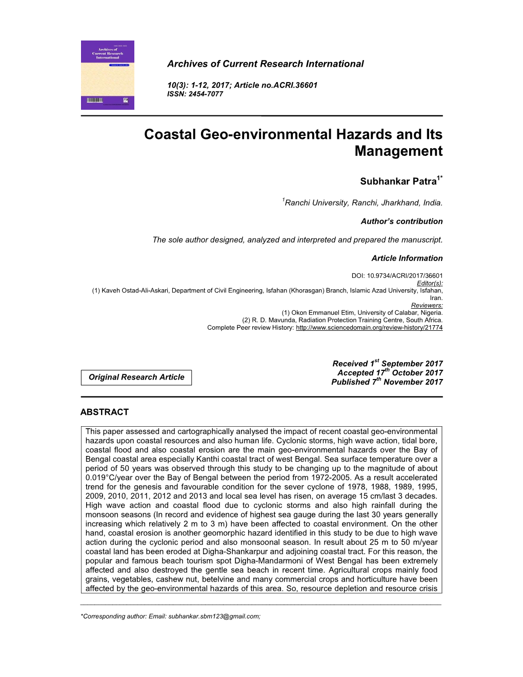 Coastal Geo-Environmental Hazards and Its Management