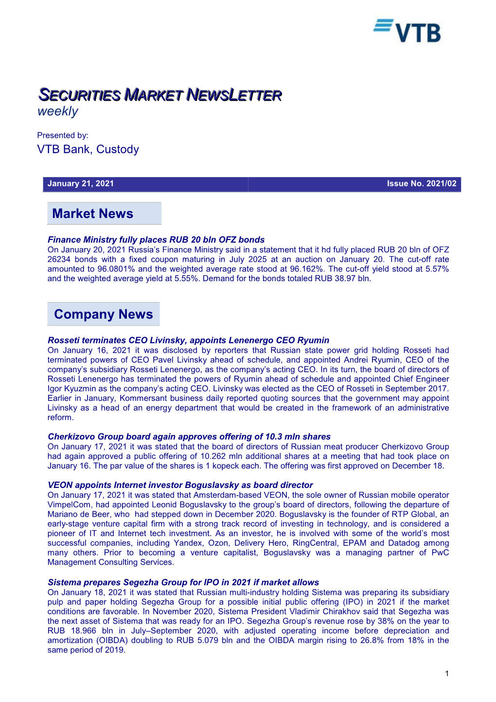 Market News Company News SECURITIES MARKET NEWS