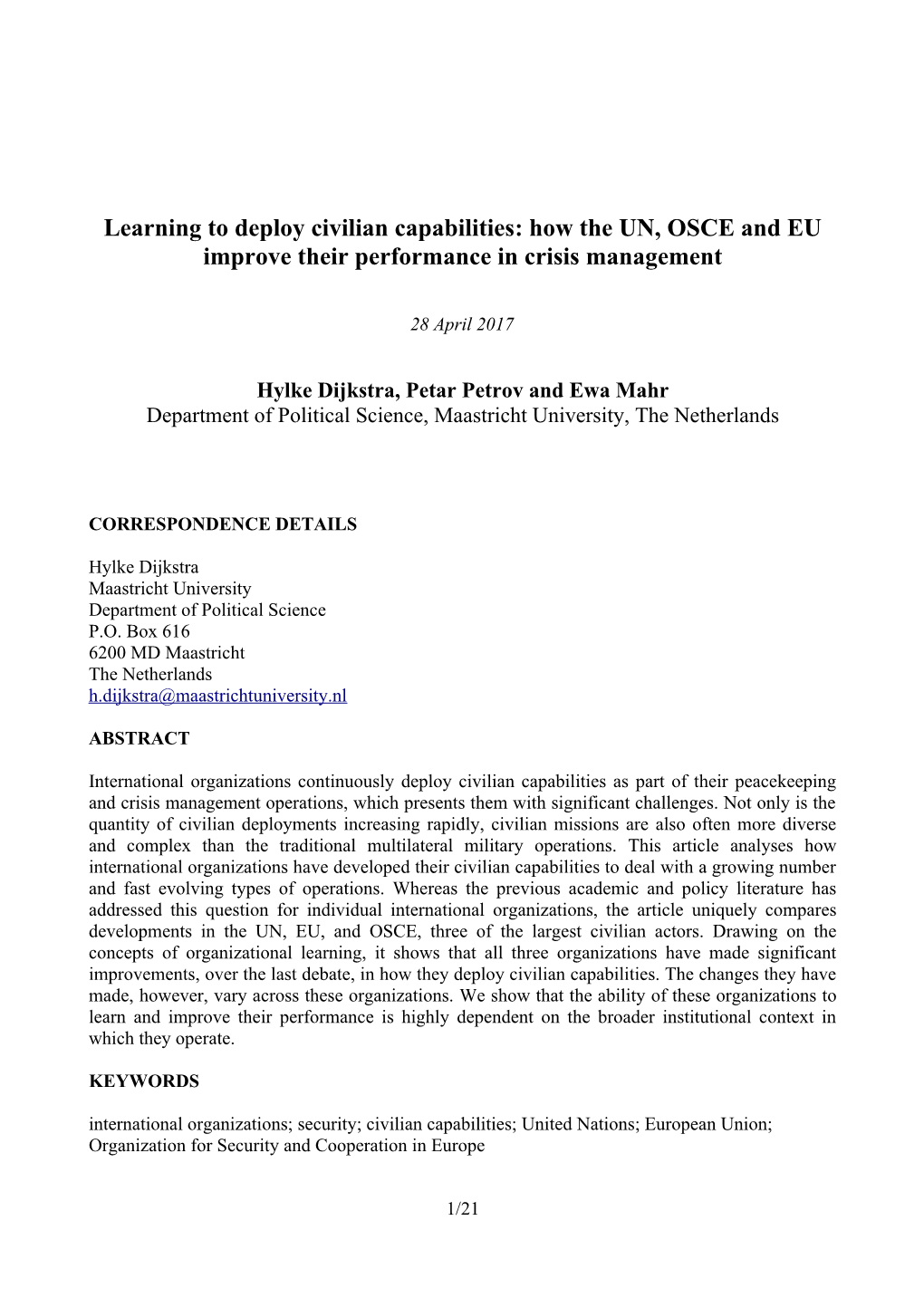 How the UN, OSCE and EU Improve Their Performance in Crisis Management