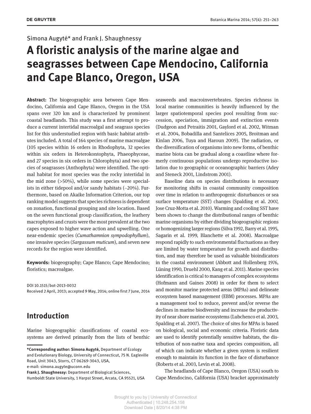 A Floristic Analysis of the Marine Algae and Seagrasses Between Cape Mendocino, California and Cape Blanco, Oregon, USA