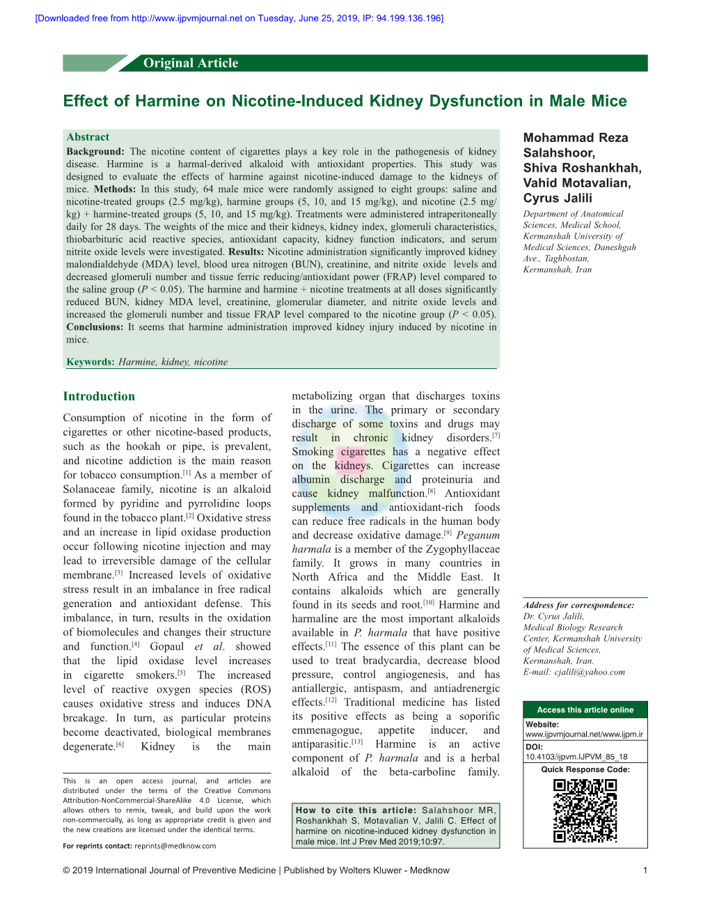 Effect of Harmine on Nicotine‑Induced Kidney Dysfunction in Male Mice