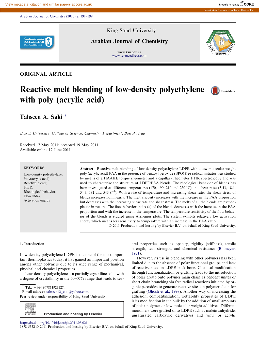 Reactive Melt Blending of Low-Density Polyethylene with Poly (Acrylic Acid)