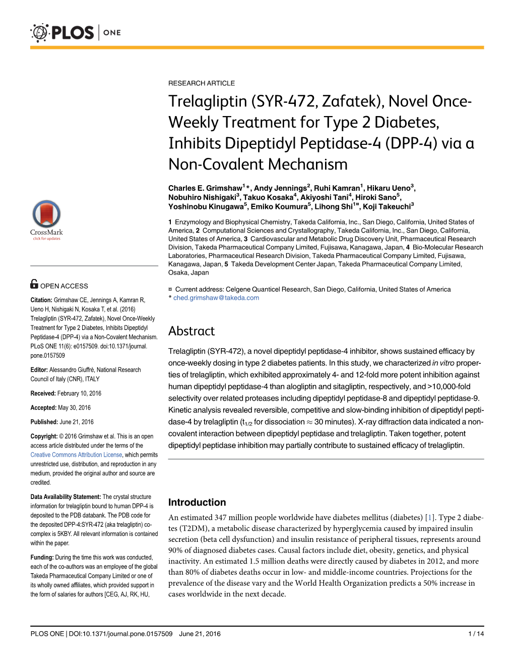 Trelagliptin (SYR-472, Zafatek), Novel Once- Weekly Treatment for Type 2 Diabetes, Inhibits Dipeptidyl Peptidase-4 (DPP-4) Via a Non-Covalent Mechanism