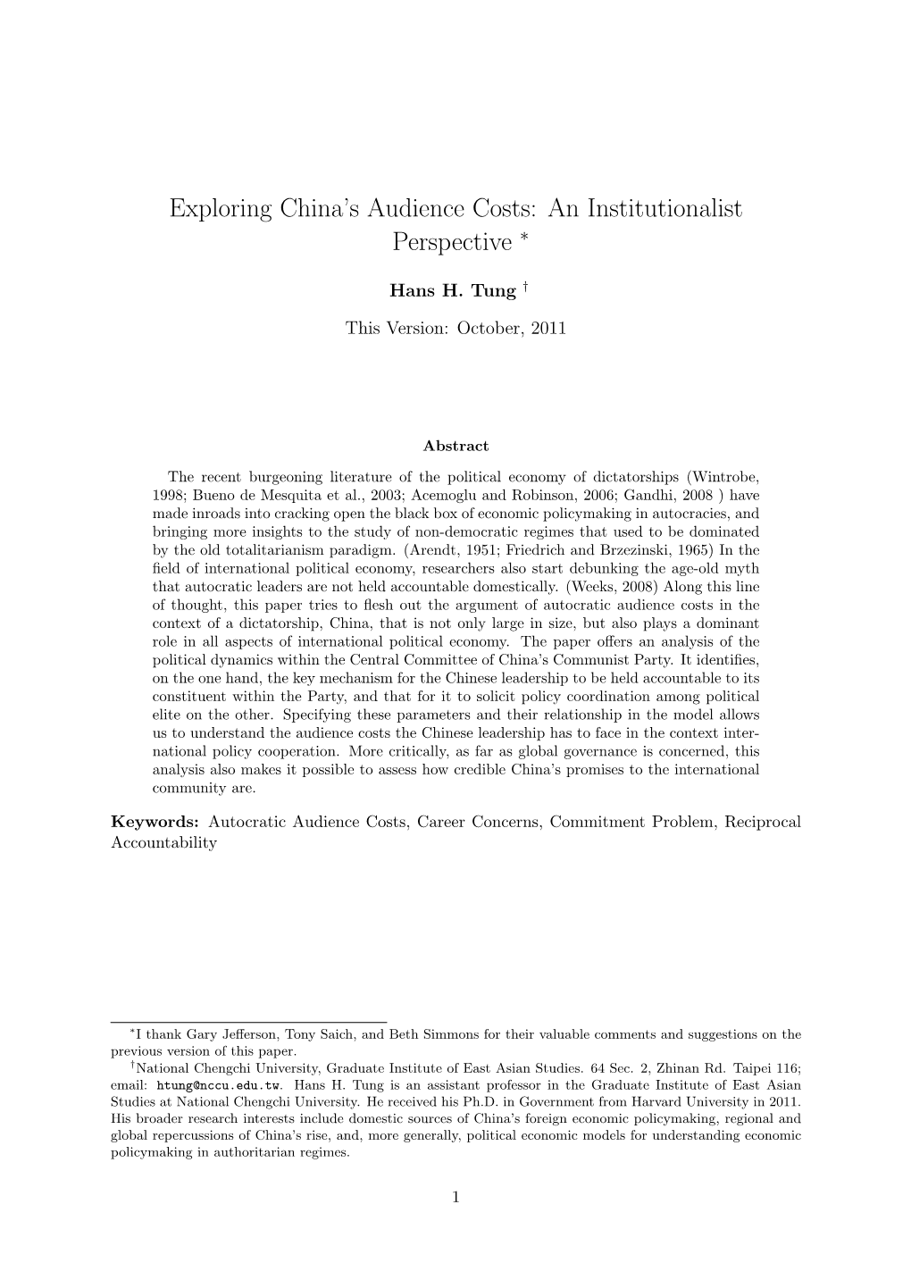 Exploring China's Audience Costs: an Institutionalist Perspective