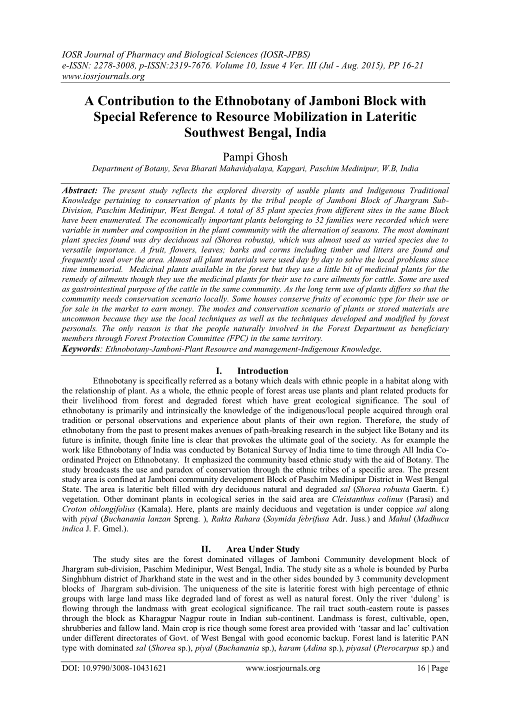 A Contribution to the Ethnobotany of Jamboni Block with Special Reference to Resource Mobilization in Lateritic Southwest Bengal, India