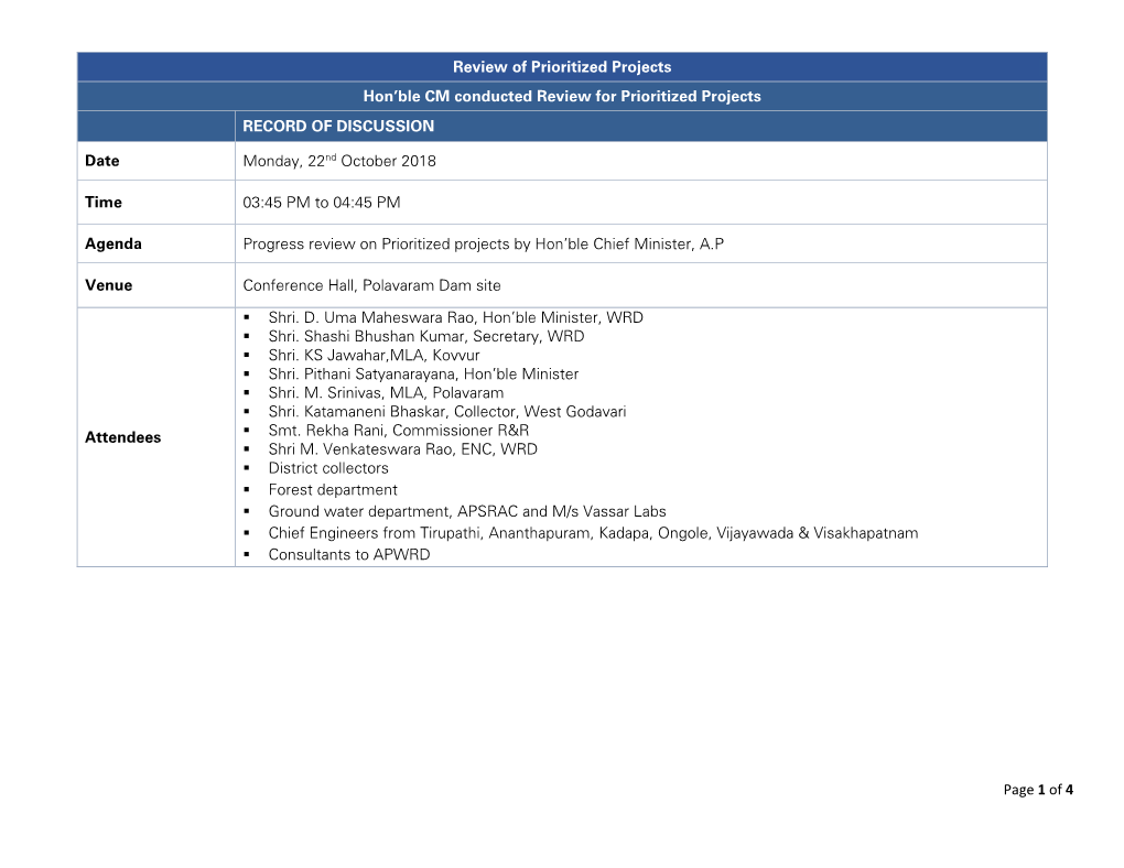 Of 4 Review of Prioritized Projects Hon'ble CM Conducted Review for Prioritized Projects RECORD of DISCUSSION Date