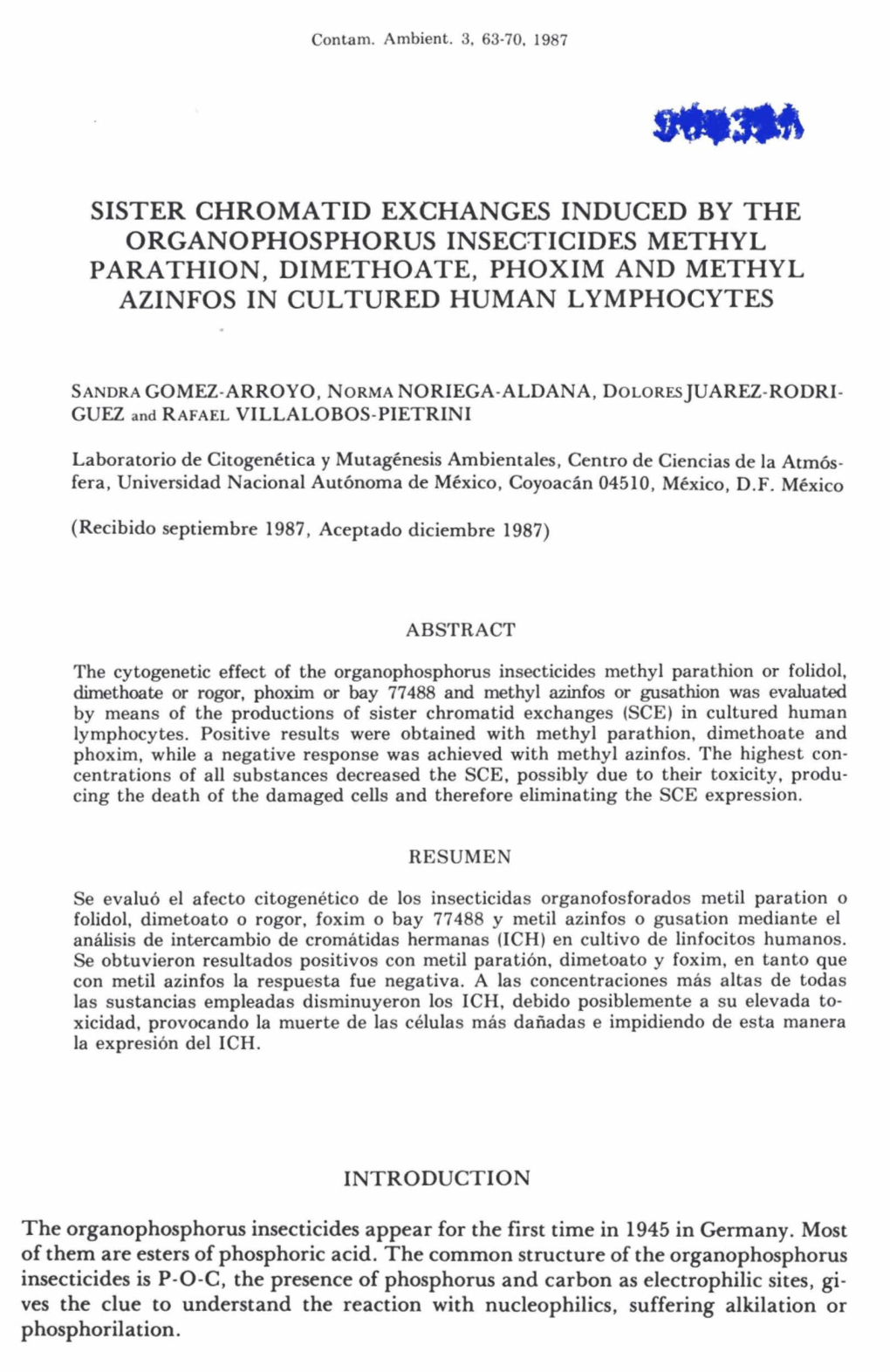 Sister Chromatid Exchanges Induced by the Organophosphorus Insecticides Methyl Parathion, Dimethoate, Phoxim and Methyl Azinfos in Cultured Human Lymphocytes