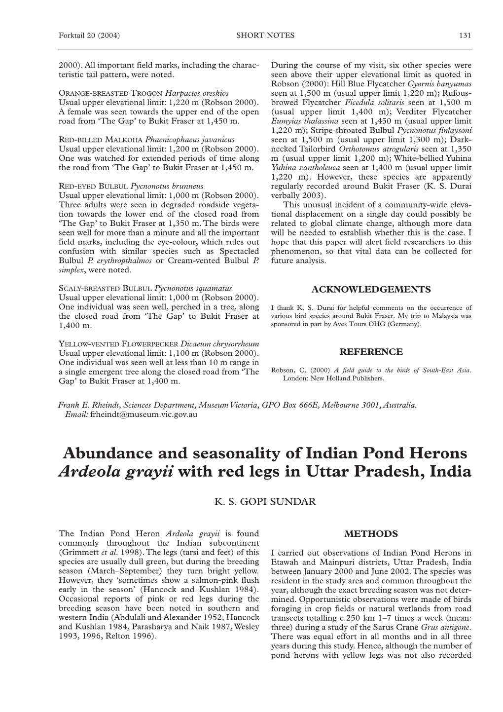 Abundance and Seasonality of Indian Pond Herons Ardeola Grayii with Red Legs in Uttar Pradesh, India