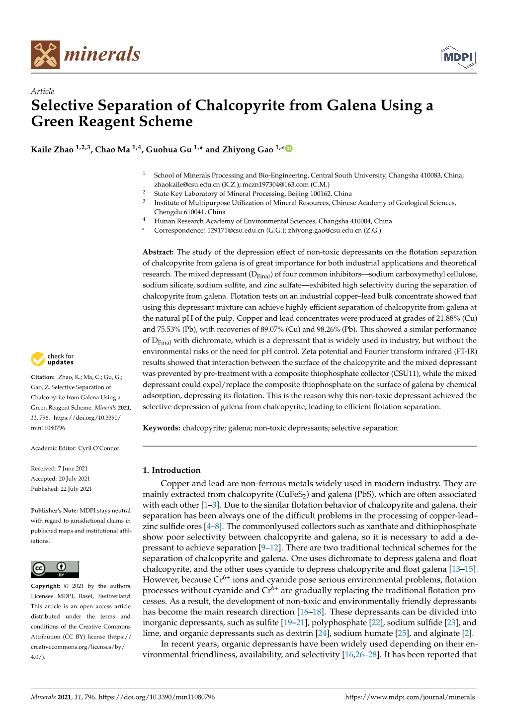 Selective Separation of Chalcopyrite from Galena Using a Green Reagent Scheme