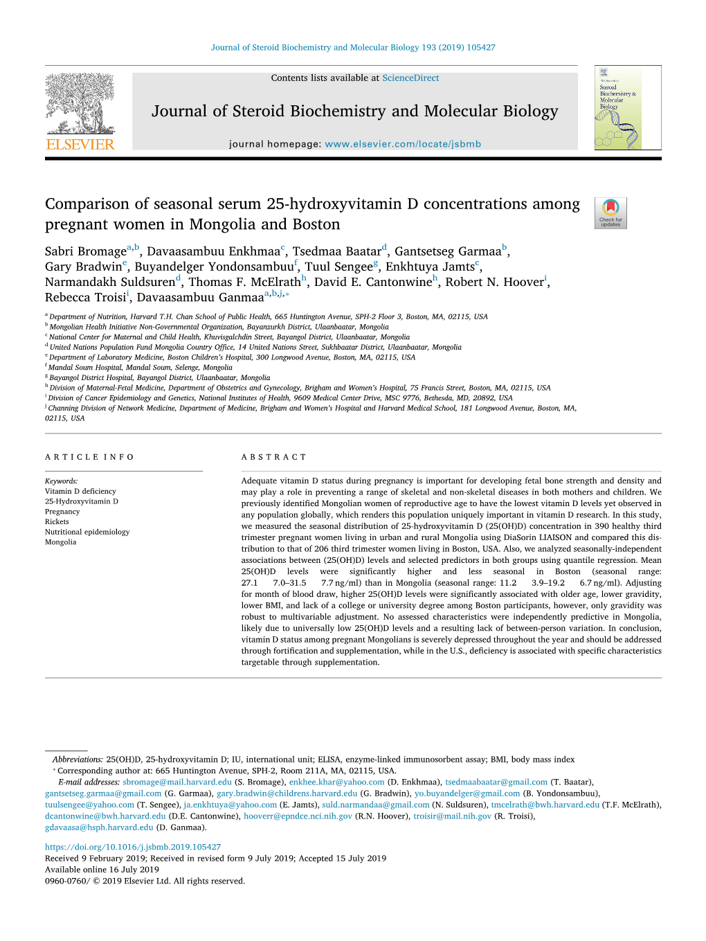 Journal of Steroid Biochemistry and Molecular Biology 193 (2019) 105427