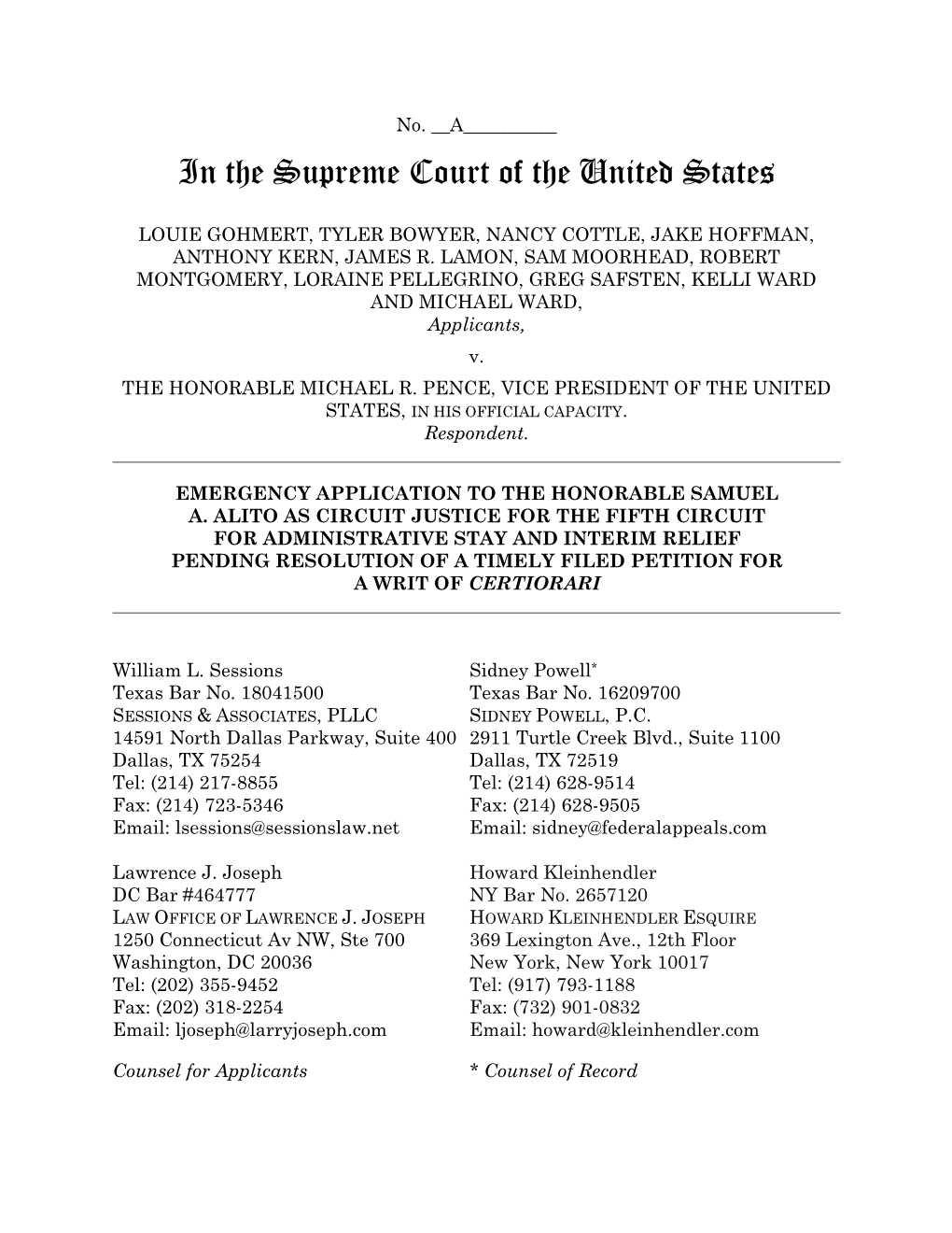 20210106111314445 Gohmert V Pence Stay Appl Signed.Pdf