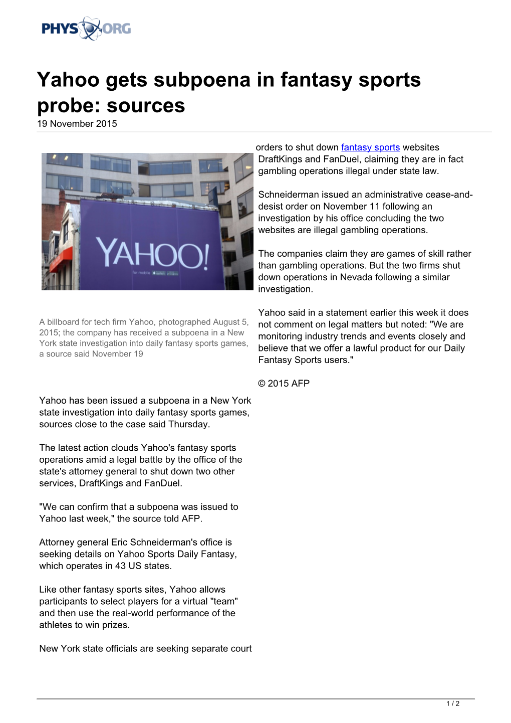 Yahoo Gets Subpoena in Fantasy Sports Probe: Sources 19 November 2015