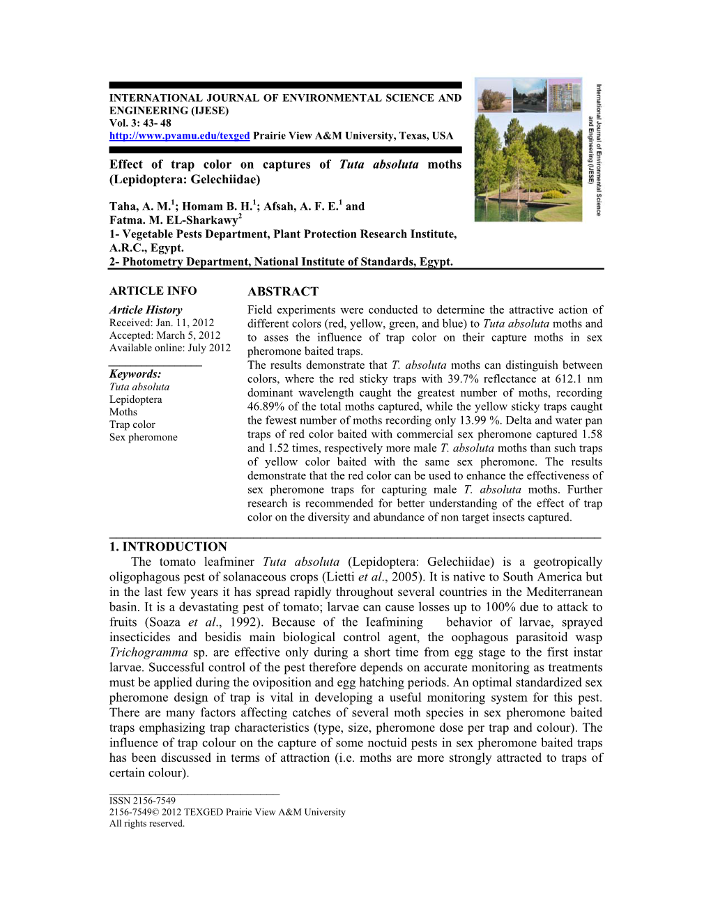 Effect of Trap Color on Captures of Tuta Absoluta Moths (Lepidoptera: Gelechiidae)