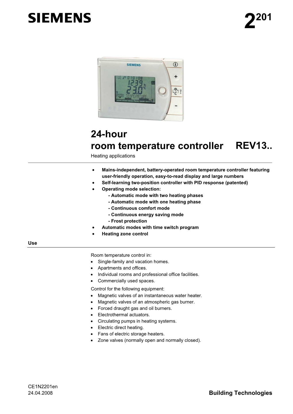 2201 24-Hour Room Temperature Controller REV13