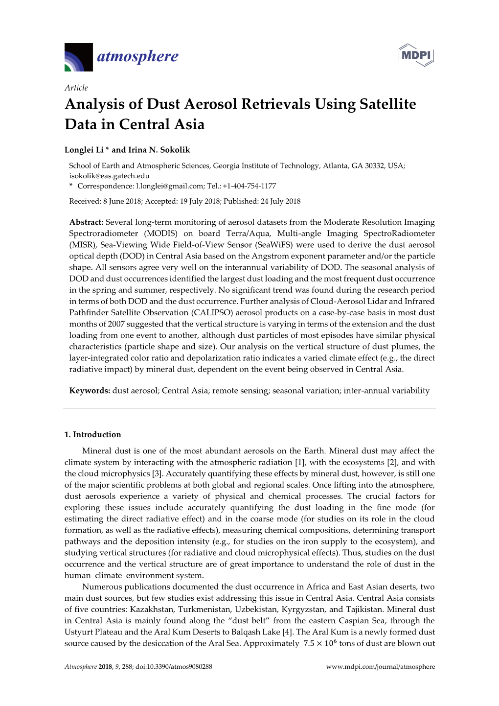 Analysis of Dust Aerosol Retrievals Using Satellite Data in Central Asia