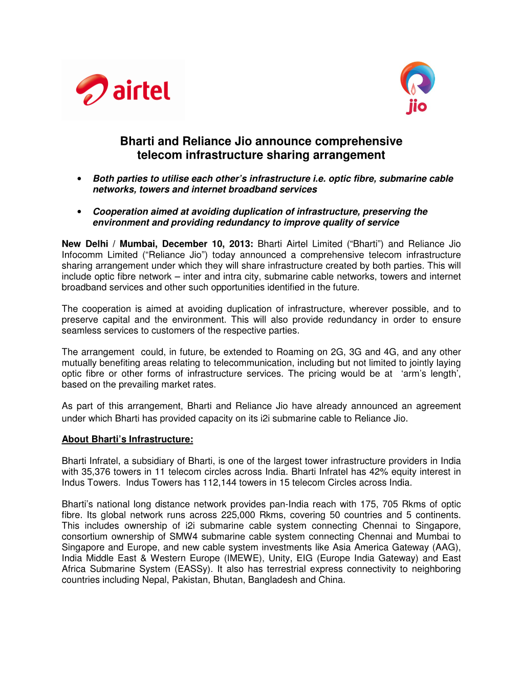 Bharti and Reliance Jio Announce Comprehensive Telecom Infrastructure Sharing Arrangement