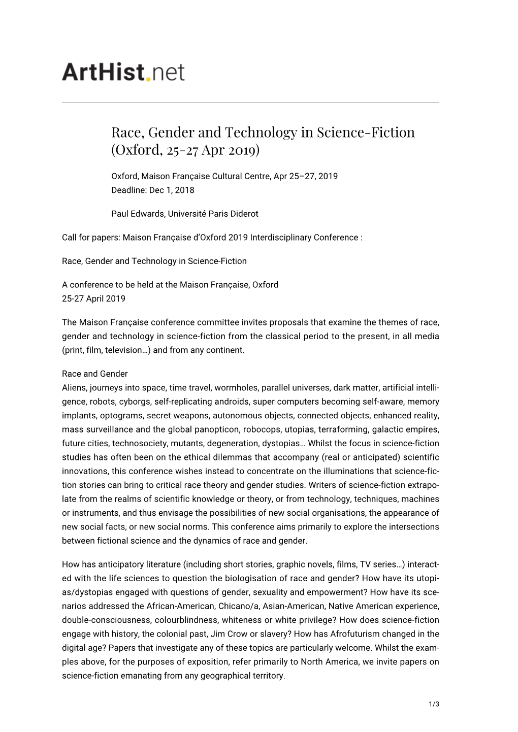 Race, Gender and Technology in Science-Fiction (Oxford, 25-27 Apr 2019)