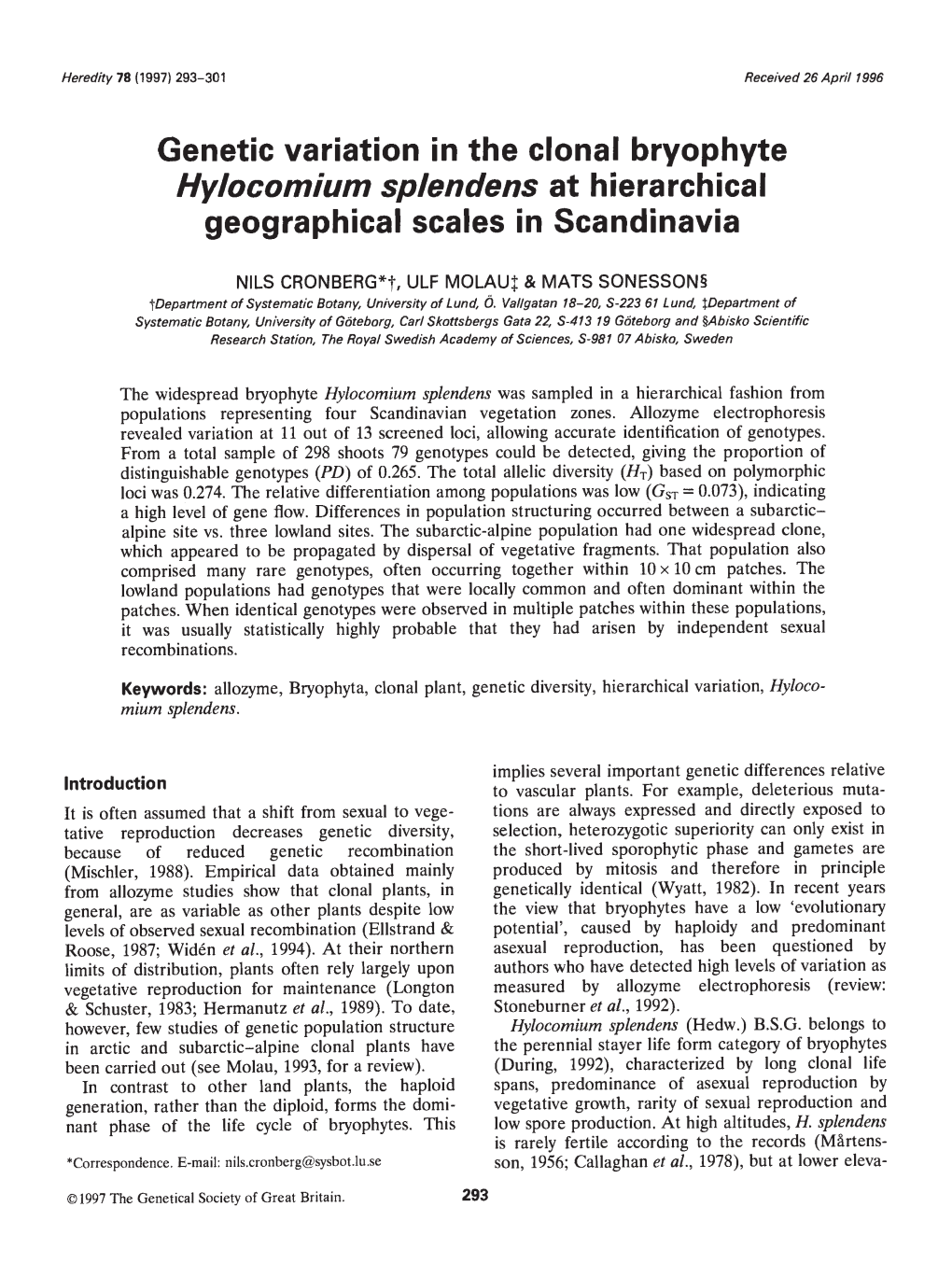 Genetic Variation in the Clonal Bryophyte Hylocomium Splendens at Hierarchical Geographical Scales in Scandinavia