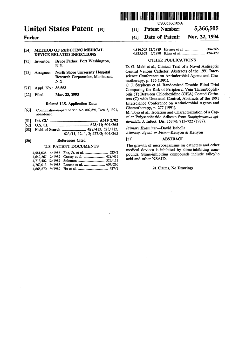 United States Patent 19 11 Patent Number: 5,366,505 Farber 45 Date of Patent: Nov