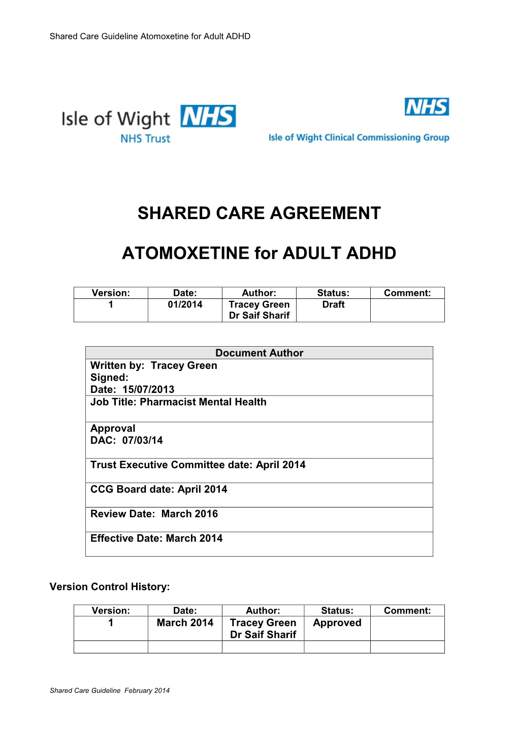 SHARED CARE AGREEMENT ATOMOXETINE for ADULT ADHD