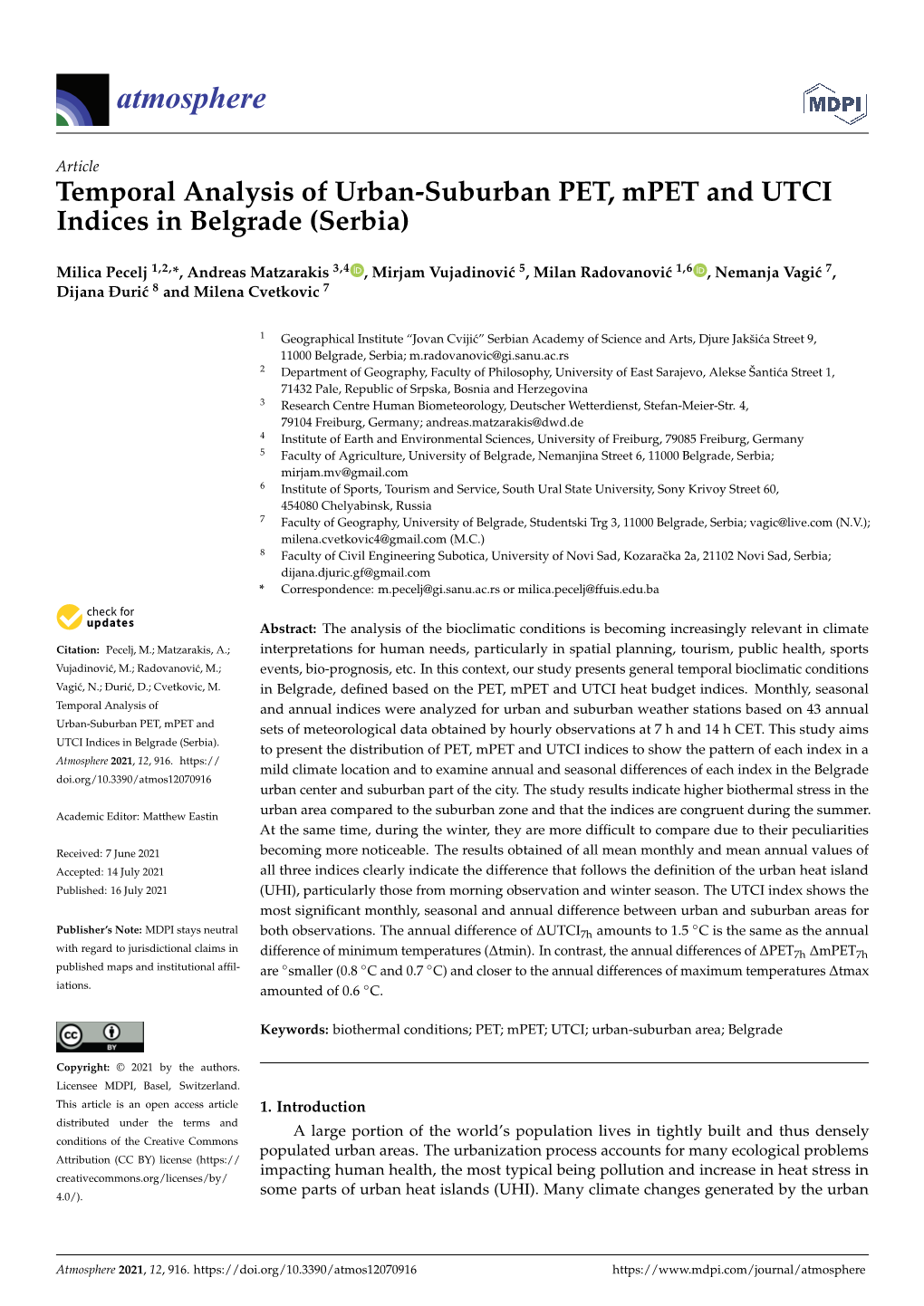 Temporal Analysis of Urban-Suburban PET, Mpet and UTCI Indices in Belgrade (Serbia)