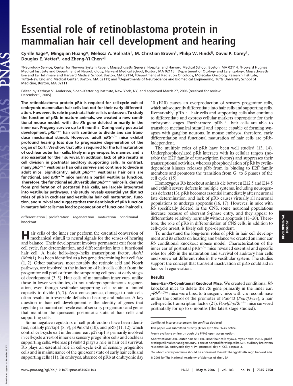 Essential Role of Retinoblastoma Protein in Mammalian Hair Cell Development and Hearing